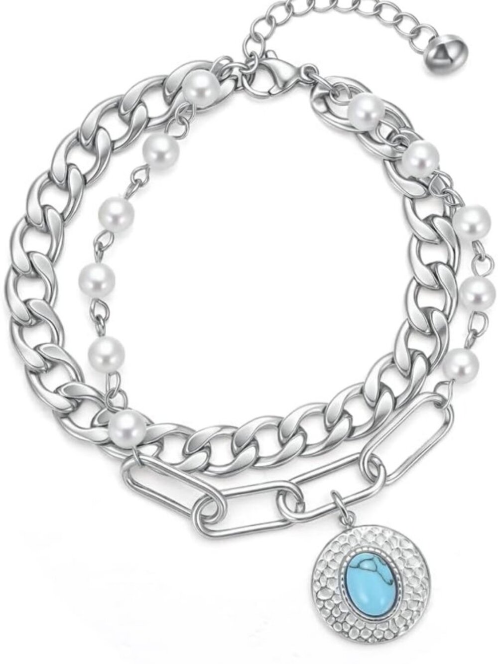 Dainty Silver Turquoise Pearl Charm Bracelet for Women, Adjustable Layered